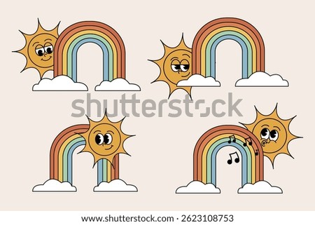 Sun, rainbow and clouds in cartoon vintage groovy style. Set of retro rainbow and sun clip art - kawaii faces with clouds and musical notes. Vector set of cute sun and rainbow characters with faces