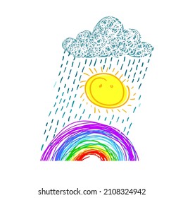 Sun, Rainbow, and clouds childish cute drawing. Weather Vector illustration