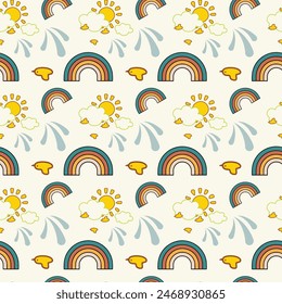 Sun Rainbow Clouds And Stars Seamless Vector Pattern Design
