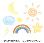 Sun, rainbow, moon, star and cloud.Set of watercolor weather forecast icons.Cute doodle.Kids and childish.Sign, symbol, icon or logo isolated for school.Vector illustration.