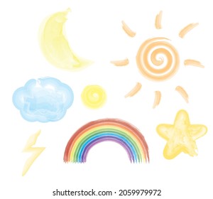 Sun, rainbow, moon, star and cloud.Set of watercolor weather forecast icons.Cute doodle.Kids and childish.Sign, symbol, icon or logo isolated for school.Vector illustration.