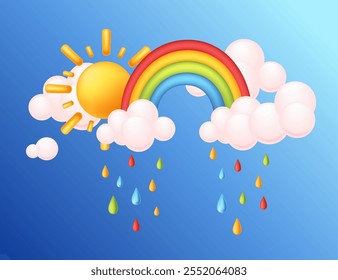 Sun, rainbow, and rain with colorful droplets on a clear blue background, symbolizing weather diversity. Perfect for educational projects, decor, and playful designs. Vector illustration.