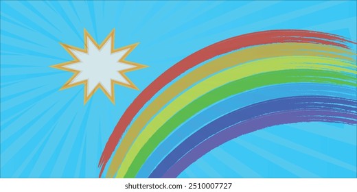 Sun, rainbow and sea, artistic brush drawing