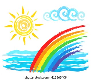 Sun, Rainbow And Sea, Artistic Brush Drawing