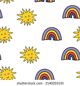 Sun and rainbow seamless pattern in 90s style for wrapping, nursery, wallpaper, textile 