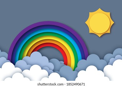 Sun and rainbow. Summer paper cut style. Sky cloud.