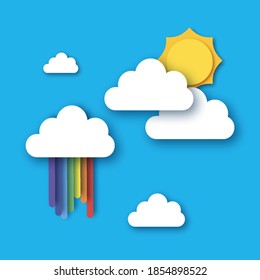Sun and rainbow. Summer paper cut style. Sky cloud.