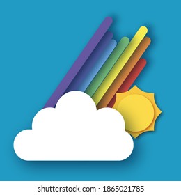 Sun and rainbow. Summer paper cut style. Sky cloud.