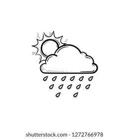 Sun with raincloud and raindrops hand drawn outline doodle icon. Raining and cloudy sky, weather concept. Vector sketch illustration for print, web, mobile and infographics on white background.