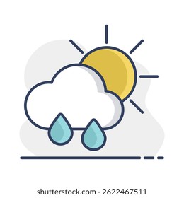 Sol com nuvem de chuva e ícone de vetor de pingos de chuva. Sinal de meteorologia. Símbolo gráfico para viagens, turismo e tempo web site e apps design, logo, app, UI