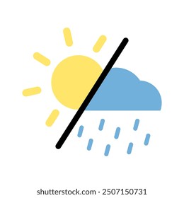 Sun and raining cloud icon. Natural, environment, climate, weather, forecast concept. Flat vector design isolated illustration.