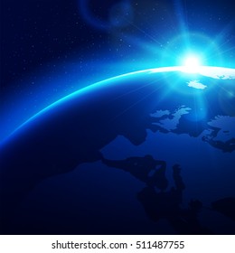 Sun raising over the blue planet earth. Vector illustration.