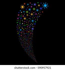 Sun random fireworks stream. Vector illustration style is flat bright multicolored iconic symbols on a black background. Object fountain combined from scattered pictographs.