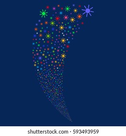 Sun random fireworks stream. Vector illustration style is flat bright multicolored iconic symbols on a blue background. Object fountain created from scattered pictograms.