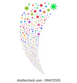 Sun random fireworks stream. Vector illustration style is flat bright multicolored iconic symbols on a white background. Object fountain combined from scattered icons.