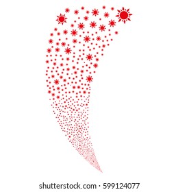 Sun random fireworks stream. Vector illustration style is flat red iconic symbols on a white background. Object fountain organized from scattered pictographs.