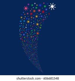 Sun random fireworks stream. Vector illustration style is flat bright multicolored iconic symbols on a blue background. Object fountain constructed from scattered pictographs.