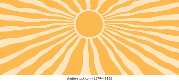 Sun ray background, summer retro pattern, radial wavy, light burst. Abstract groovy sunshine poster. Cartoon wave beam print. Vintage boho yellow bg. Cute vector illustration