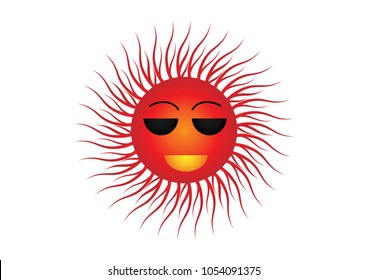 Sun with sun ray beam flat design cute cartoon. red sun wearing sunglasses and smiling vector illustration isolated on white background. High temperature hot  concept