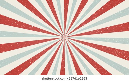 Sun ray circus. Sun rays retro background. Radial vintage burst. Soft light stripe. Sunburst pattern. Beams line. Striped aging effect texture. Old poster. Starburst strips. Vector illustration