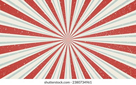 Sun ray circus. Sun rays retro background. Radial vintage burst. Soft light stripe. Sunburst pattern. Beams line. Striped aging effect texture. Old poster. Starburst strips. Vector illustration