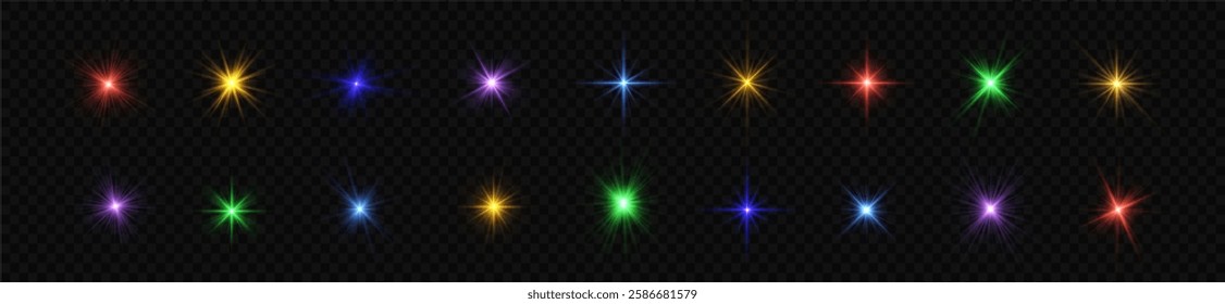 Sun ray glow abstract shine light effect starburst beam sunshine glowing.Colorful light star, sun rays, multicolor sparks sparkle. Lights flare, png, star flash light, sun rays. Realistic sun rays. 