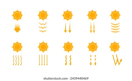 Los iconos de rayos solares están aislados sobre un fondo blanco. El concepto de un conjunto de flechas que simboliza la dirección, emisión y reflexión de la luz solar. Ilustración de vector