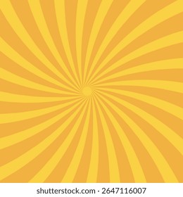 Sun ray light. Circus background of spiral yellow orange rays vector. Effect curves rays.  Radiate sunlight. Vintage stripes halftone radial wallpaper for poster, banner. Vector illustration.