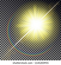 Sun ray light isolated on checkered background. Transparent glow yellow sunlight sky effect. Realistic bright sun ray light pattern. Shine texture design. Editable vector illustration.