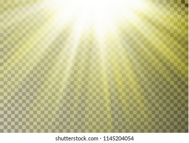 Sun ray light on top isolated on checkered background. Transparent glow yellow sunlight effect. Realistic bright sun ray light pattern. Shine texture design. Editable vector illustration.