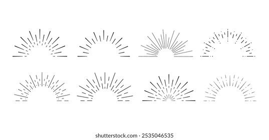 Conjunto de dibujos de líneas de rayos de sol. Iconos negros. Colección Sunburst