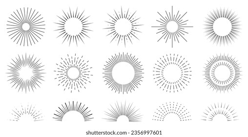 Juego de rayos solares. Colección minimalista de Sunburst. Rayo brillante vectorial. Luz solar de línea decorativa.