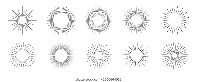 Sun ray set. Sunburst minimalistic collection. Vector sparkle ray. Decorative line sunlight.