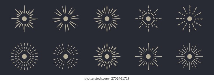 Sun ray or sunburst icon set.