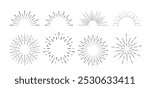 Sun ray vector drawing. Black round icons set. Burst logo.