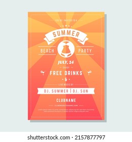 Sun rays abstract stripes spectrum woman torso in swimsuit summer beach party poster template vector illustration. Clubbing disco nightlife tropical event announce leisure recreation activity promo