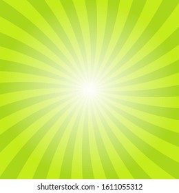 Sun rays background. Green radiate sun beam burst effect. Sunbeam light flash boom. Template starburst poster. Sunlight star, sunrise glow burst. Solar radiance glare retro design Vector illustration