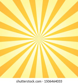 Sun rays background. Orange yellow radiate sun beam burst effect. Sunbeam light flash boom. Starburst poster. Sunlight star, sunrise glow burst. Solar radiance glare, retro design Vector illustration
