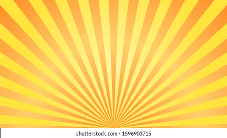 Sun rays background. Orange yellow radiate sun beam burst effect. Sunbeam light flash boom. Starburst poster. Sunlight star, sunrise glow burst. Solar radiance glare, retro design Vector illustration