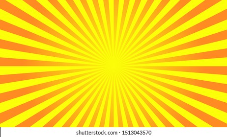 Sun rays background. Yellow orange radiate sun beam, burst effect. Sunbeam light flash boom. Template poster sale. Sunlight star, sunrise glow burst. Solar radiance, retro design Vector illustration