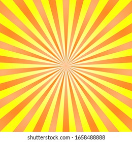 Sun rays background. Yellow orange radiate sun beam, burst effect. Sunbeam light flash boom. Template poster sale. Sunlight star, sunrise glow burst. Solar radiance, retro design Vector illustration