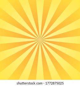 Sun rays background. Yellow orange radiate sun beam, burst effect. Sunbeam light flash boom. Template poster sale. Sunlight star, sunrise glow burst. Solar radiance, retro design Vector illustration