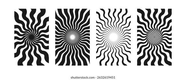 Planos de fundo de raios solares definidos. Raios ondulados em estilo groovy. Cartaz abstrato do estouro do sol. Textura psicodélica. Design dos anos 70 e 80. Linhas de onda radial. Ilustração vetorial isolada sobre fundo branco.