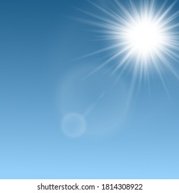 Sun rays beams and light flares layout, 3d realistic vector illustration on sky blue natural background. Abstract sunlight shine bright glowing effect template.