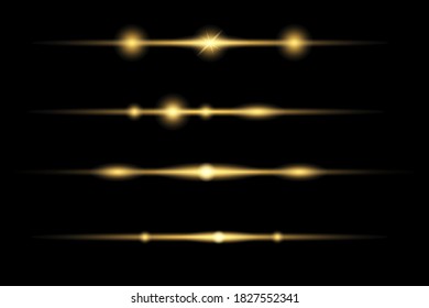 Sun rays. Beautiful light flares. Laser beams, horizontal light rays. Yellow glowing light explodes on a transparent background. Vector illustration, EPS 10.