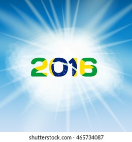 The sun rays and blue sky with inscription in 2016 of color flag of Brazil. Vector Illustration. EPS10