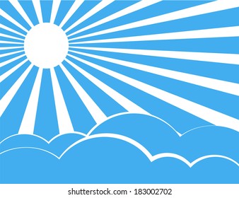 Sun rays with blue and white retro color behind the clouds,Vector illustration