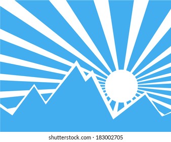 Sun rays with blue and white retro color behind the mountain,Vector illustration