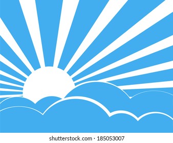 Sun rays with blue and white retro color behind the clouds,Vector illustration