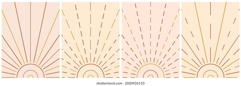 Sun with rays in boho style. Abstract geometric set of solar shapes.